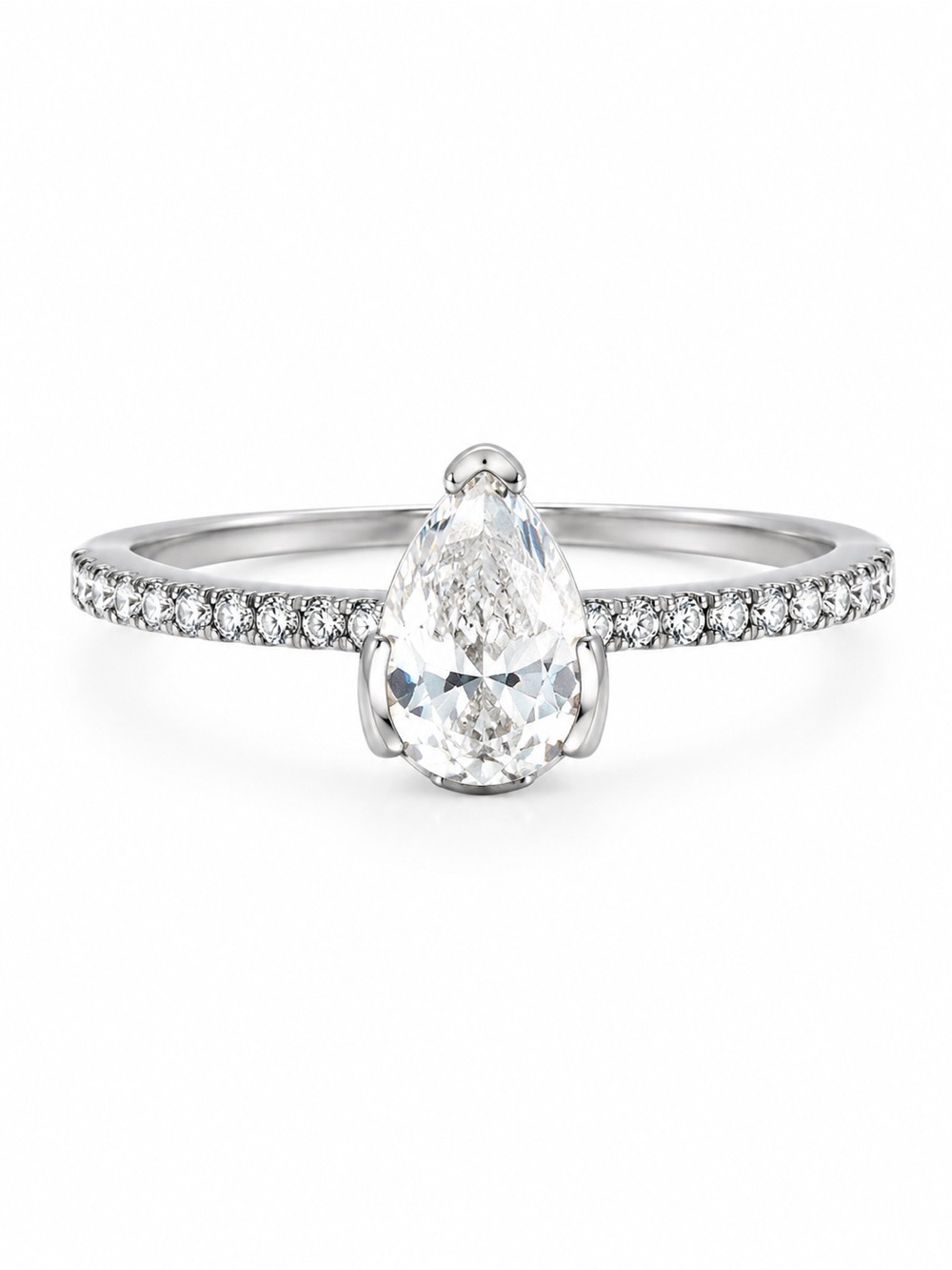 Faux Diamond Pear Cut Teardrop Ring Size 8 Silver Tone Pave Rhinestone Band - Picture 1 of 12